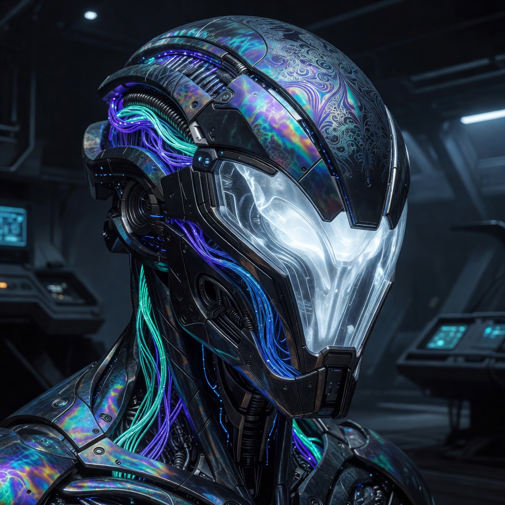 Alien Cybernetic Armor Glowing Helmet Visual
