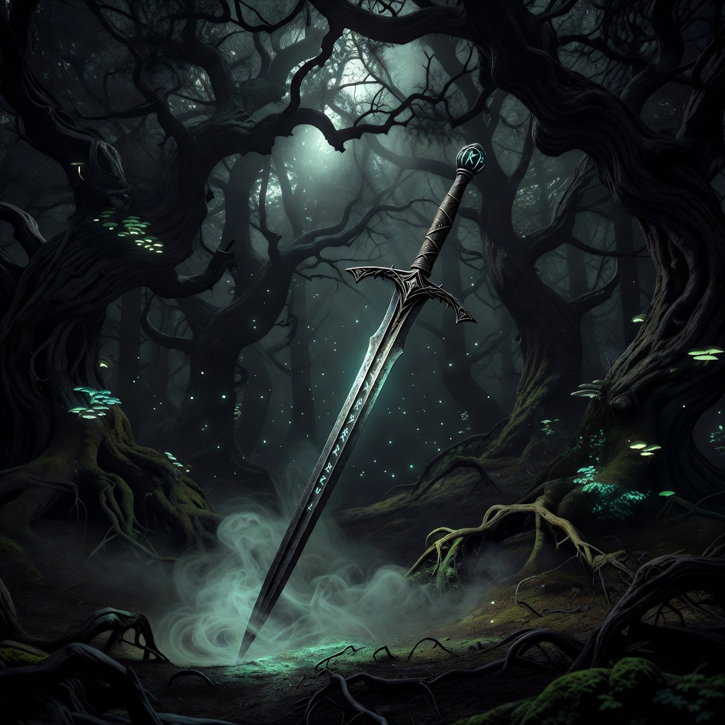 Mystical Fantasy Sword and Dark Woods Witcher Atmosphere