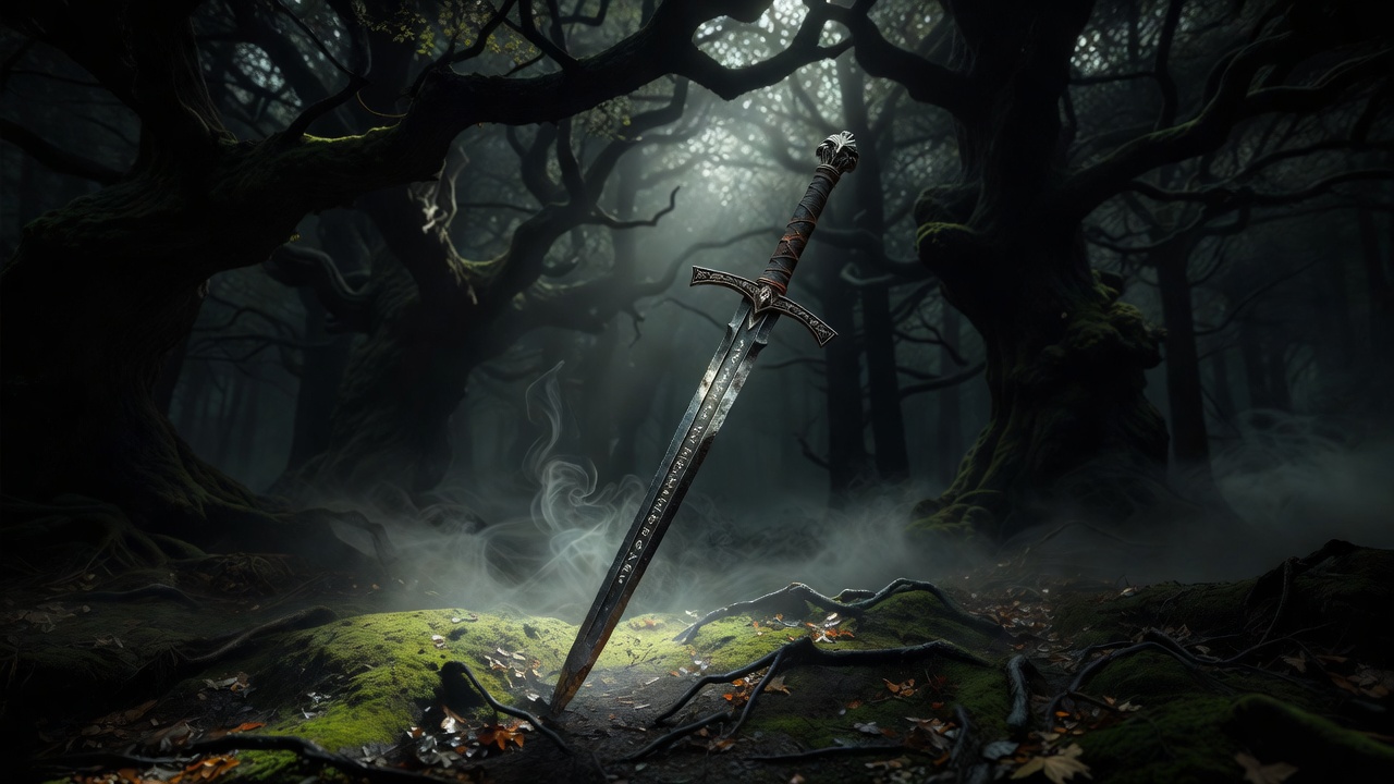 Mystical Witcher Sword and Dark Forest